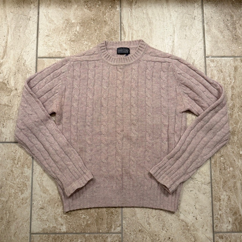 Vintage Lands End Shetland Wool Cable Knit Sweater Lavender Pink Crewneck